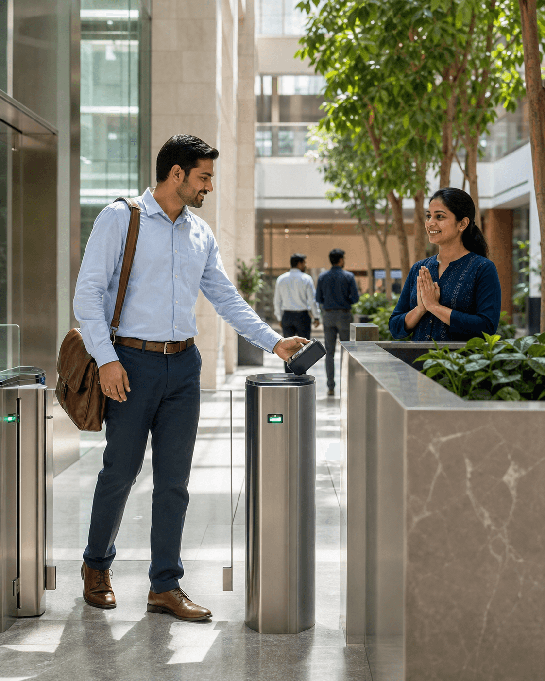 A business visitor using a digital pass at an office turnstile